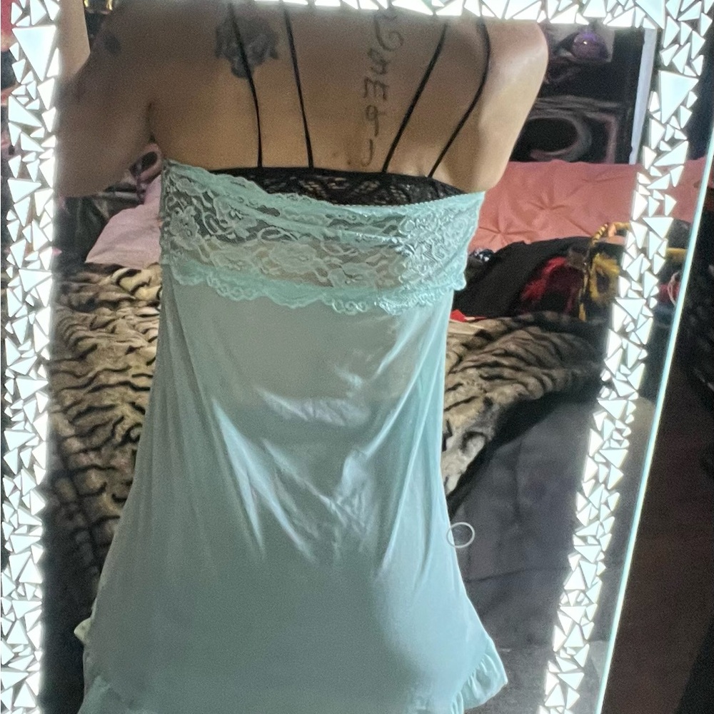 Blue Lace Trim Chemise Silky Sleepwear
